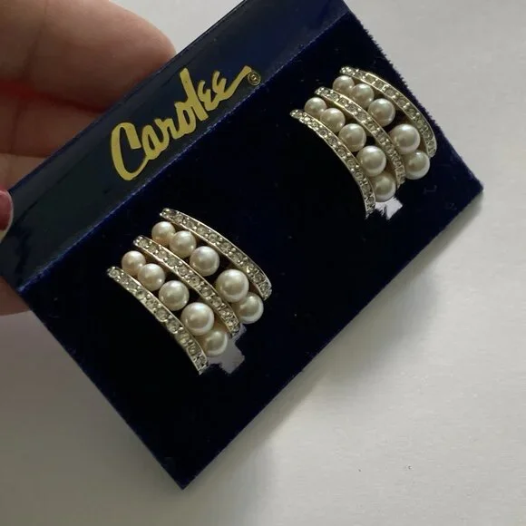 VTG Carolee Earrings Rhinestone Clip Statement Wedding Simulated Diamond Pearls - Picture 11 of 12